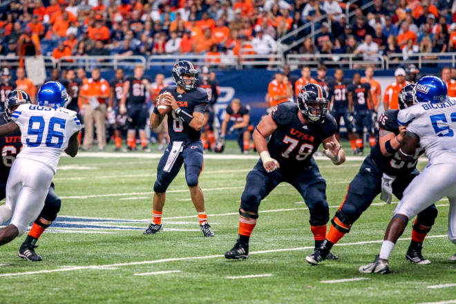 Eric Soza, shown here against Georgia State, threw for 178 yards and two touchdowns in the 2011 season finale against Minot State