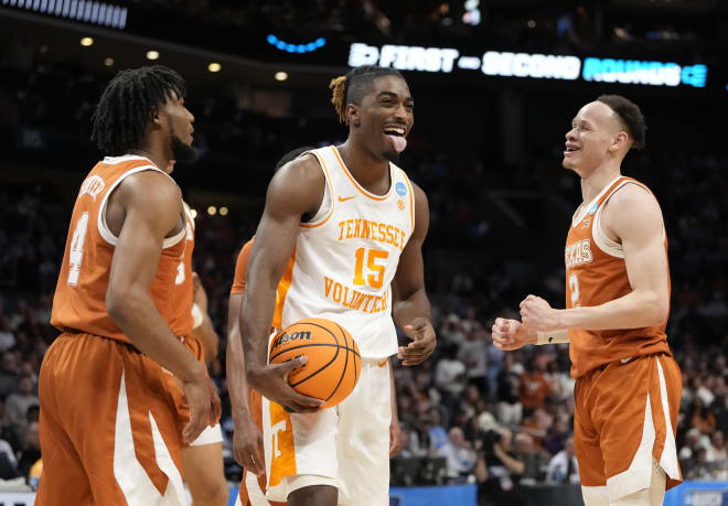 March 23, 2024, Charlotte, NC, USA; Tennessee Volunteers guard Jahmai Mashack (15) reacts against the Texas Longhorns in the second round of the 2024 NCAA Tournament at the Spectrum Center. 