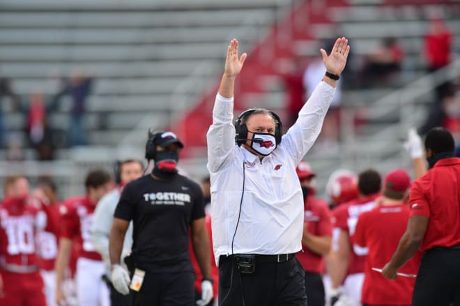 Sam Pittman signals touchdown as Treylon Burks scores for the Hogs.