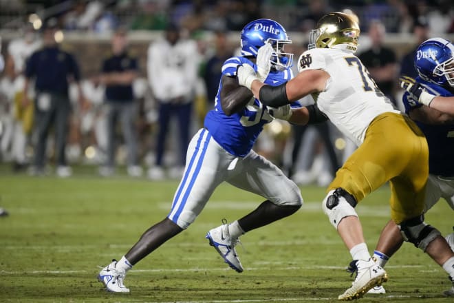 Duke transfer defensive end R.J. Oben goes against Notre Dame All-America offensive tackle during a 21-14 Irish road win on Sept. 30.