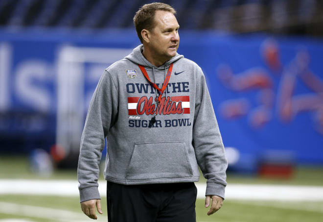 Ole Miss coach Hugh Freeze watches his team practice Wednesday afternoon in the Mercedes-Benz Superdome. Freeze's Rebels meet Oklahoma State Friday night in the Allstate Sugar Bowl, Ole Miss' second consecutive New Year's Six bowl game. The Rebels lost to TCU in the Chick-Fil-A Peach Bowl on Dec. 31, 2014.