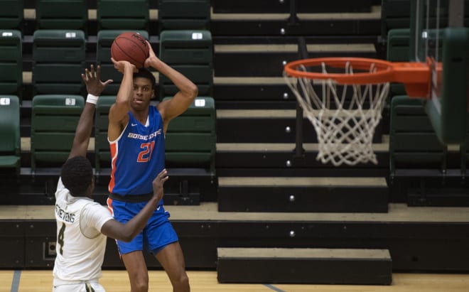 Boise State's Derick Alston jJr. pulls up for a jump shot during second half action Wednesday night against Colorado State.