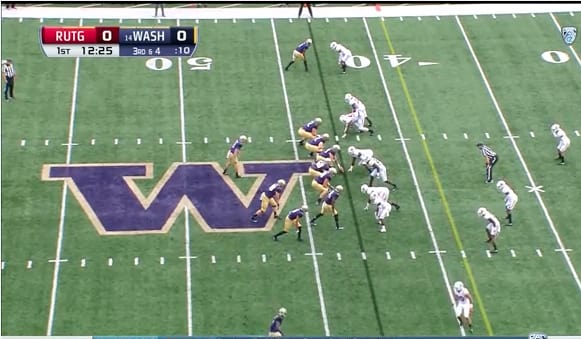 Washington Huskies play design vs Rutgers prior to Chico McClatcher (bottom of the screen) hauling in a 43-yard TD