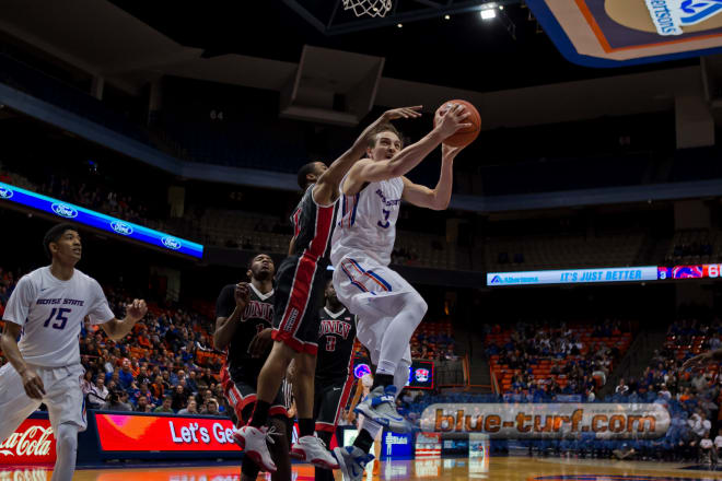 Boise State's, Anthony Drmic (3) goes up for a reverse layup during second half action against UNLV Tuesday night in Taco bell Arena. The Broncos defeated the Runnin Rebs 81-69