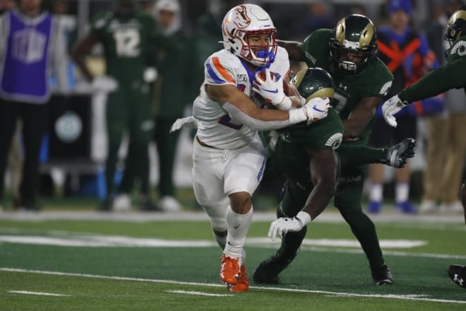 Boise State running back George Holani (24) runs in the second half of an NCAA college football game againsy Colorado State, Friday, Nov. 29, 2019, in Fort Collins, Colo. Holani was the Mountain West freshman of the year last season after rushing for 1,014 yards and seven touchdowns. (AP Photo/David Zalubowski)