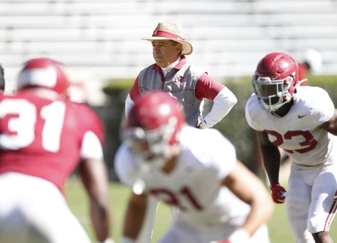 Alabama head coach Nick Saban looks on during the Crimson Tide's first scrimmage this spring. Photo | Alabama Athletics 
