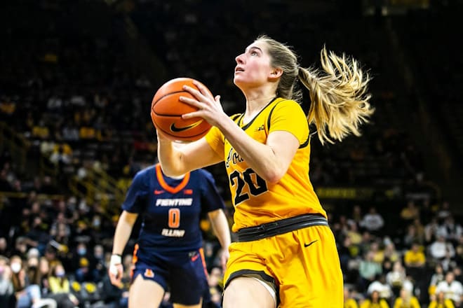 Iowa guard Kate Martin (20) drives to the basket during a NCAA Big Ten Conference women's basketball game against Illinois, Sunday, Jan. 23, 2022, at Carver-Hawkeye Arena in Iowa City, Iowa.