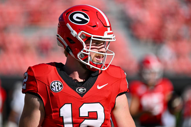 Georgia quarterback Brock Vandagriff (12) warms up before a game against UT Martin on Dooley Field at Sanford Stadium in Athens, Ga., on Saturday, September 2, 2023. (photo by Rob Davis)