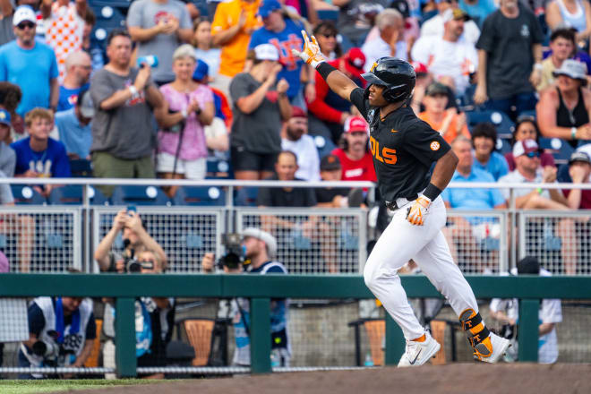 Jun 16, 2024; Omaha, NE, USA; Tennessee Volunteers right fielder Kavares Tears (21) celebrates after hitting a three-run home run against the North Carolina Tar Heels during the fourth inning at Charles Schwab Field Omaha. 