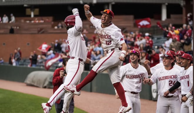 Caleb Cali hit a solo homer in the bottom of the seventh inning Wednesday to put Arkansas up 8-5. 