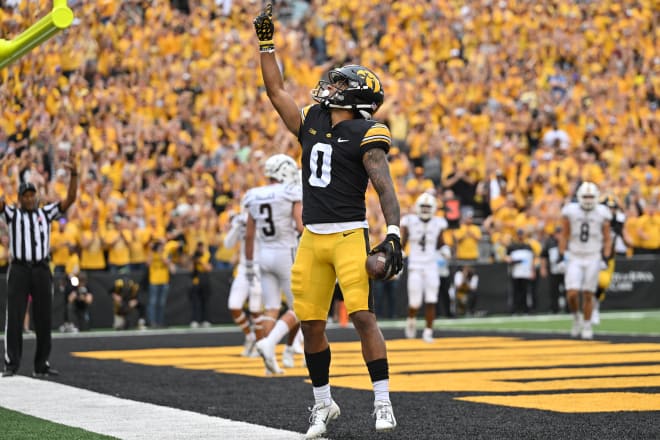 Sep 16, 2023; Iowa City, Iowa, USA; Iowa Hawkeyes wide receiver Diante Vines (0) reacts after scoring a touchdown against the Western Michigan Broncos during the second quarter at Kinnick Stadium. 