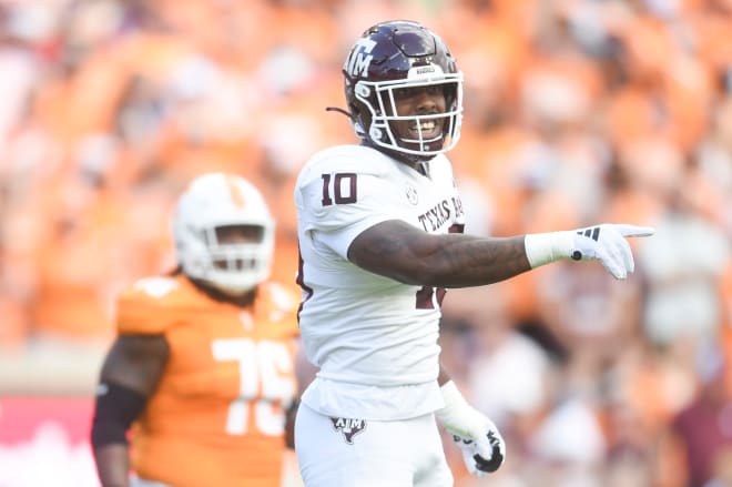 Texas A&M defensive lineman Fadil Diggs (10) points during a football game between Tennessee and Texas A&M at Neyland Stadium in Knoxville, Tenn., on Saturday. Photo | Caitie McMekin/News Sentinel / USA TODAY NETWORK