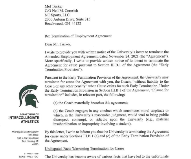 Michigan State's notice of intent provided to Mel Tucker today.