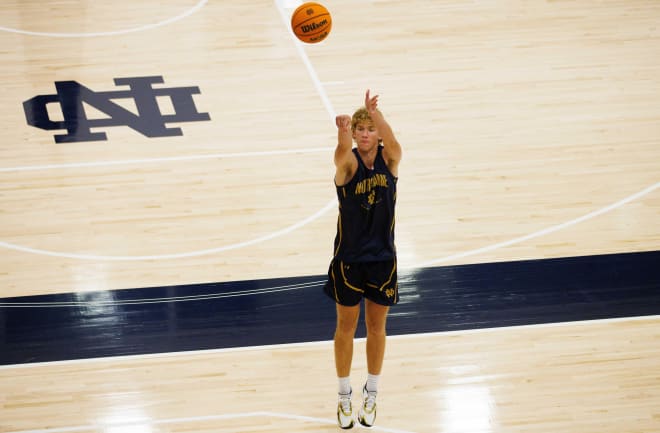 Notre Dame freshman Garrett Sundra puts up a shot during an Irish summer practice session, Thursday at Rolfs Athletics Hall.