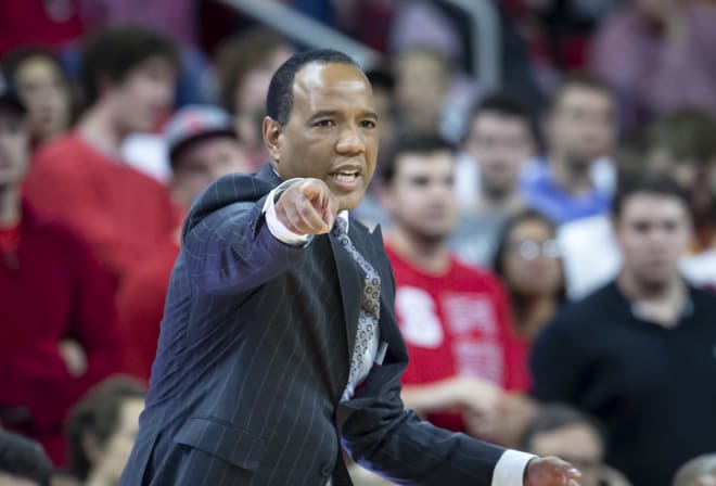 NC State Wolfpack basketball coach Kevin Keatts points.