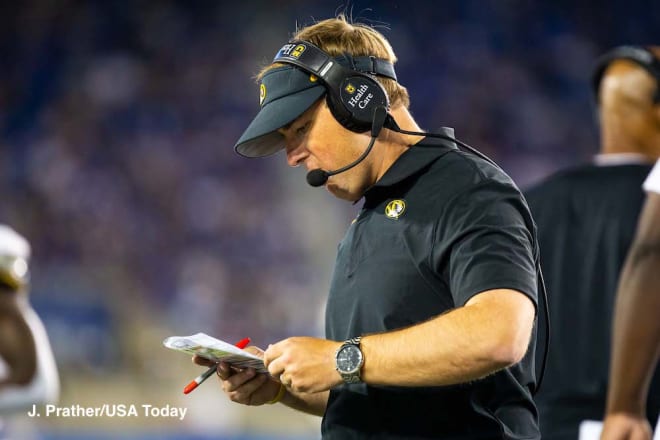 A more subdued Eli Drinkwitz met with reporters in Atlanta for his second SEC Media Days as the head coach at Missouri.