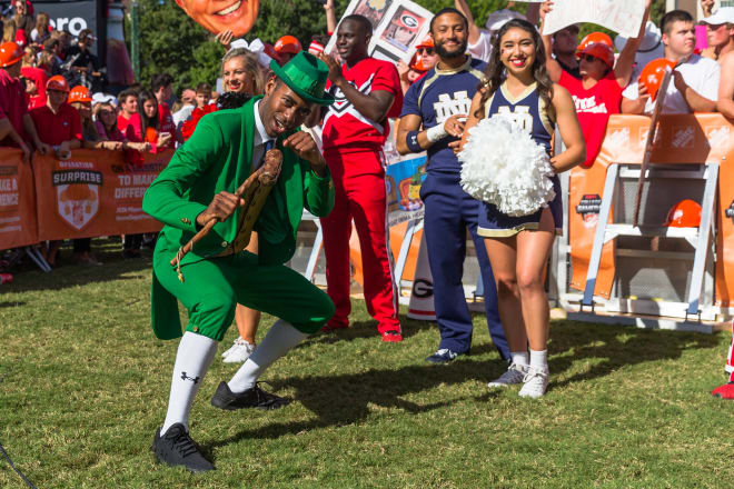 The Notre Dame Leprechaun mascot poses at College GameDay (Photo by Ken Ward).