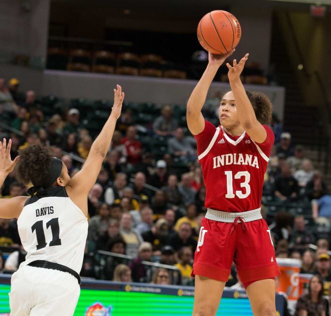 Jaelynn Penn (13) scored a game-high 24 points in Indiana's 69-65 NCAA tournament win over Texas Friday night in Portland, Oregon.