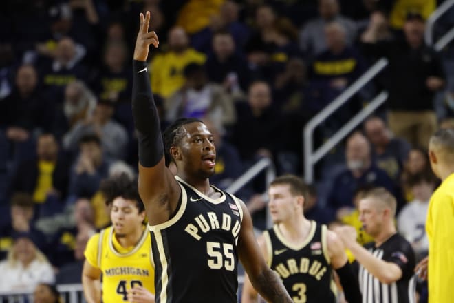 Feb 25, 2024; Ann Arbor, Michigan, USA; Purdue Boilermakers guard Lance Jones (55) celebrates a three-point basket in the first half against the Michigan Wolverines at Crisler Center. Mandatory Credit: Rick Osentoski-USA TODAY Sports