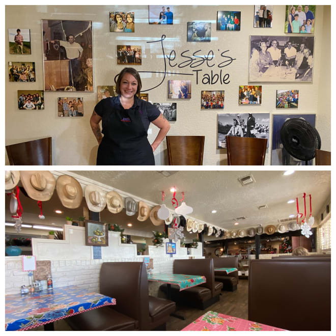 Natalie Leal pictured in front of a wall of family photos inside Leal's Mexican restaurant. Below, the cowboy hats adorning the restaurant became a tradition in the early 1990s.