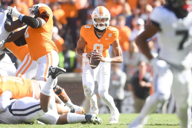 Tennessee quarterback Nico Iamaleava (8) looks to pass during a NCAA college football game between Tennessee and Connecticut at Neyland Stadium in Knoxville, Tenn., on Saturday, Nov. 4, 2023. Tennessee defeated Connecticut 59-3.