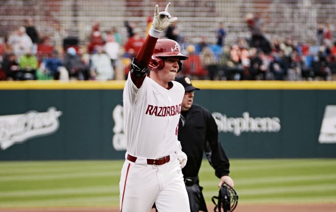 Arkansas' Reese Robinett celebrates a home run during a 12-2 win over SEMO on March 21, 2023, at Baum-Walker Stadium in Fayetteville.