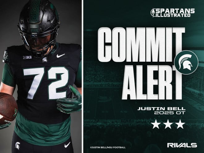 Class of 2025 three-star offensive tackle Justin Bell commits to Michigan State (Graphic by Ben Sonday and original photo courtesy of Justin Bell/MSU Football).