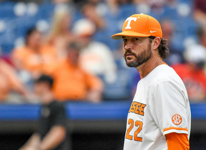 May 22 2024; Hoover, AL, USA; Tennessee head coach Tony Vitello returns to the dugout after making a pitching change in the game with Vanderbilt at the Hoover Met during the SEC Tournament.