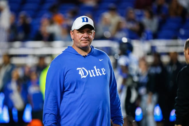 Oct 14, 2023; Durham, North Carolina, USA; Duke Blue Devils head coach Mike Elko before the first half of the game against North Carolina State Wolfpack at Wallace Wade Stadium. Photo Credit: Jaylynn Nash-USA TODAY Sports