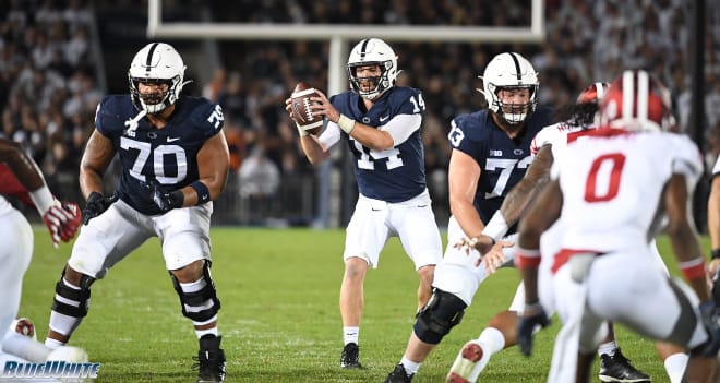 Penn State quarterback Sean Clifford takes a snap during the Nittany Lions' 24-0 college football win over Indiana. BWI photo/Steve Manuel