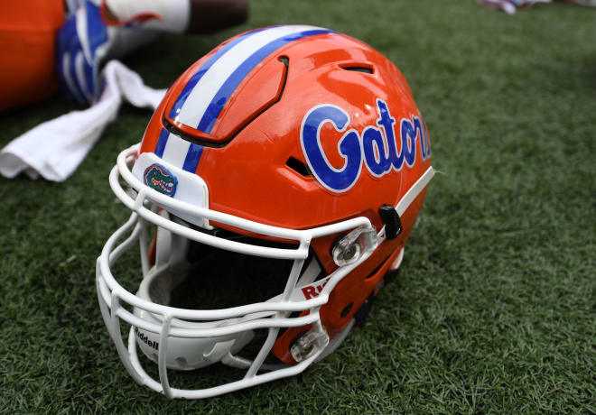 Oct 1, 2016; Nashville, TN, USA; View of a Florida Gators helmet as players stretch prior to the game against the Vanderbilt Commodores at Vanderbilt Stadium. 