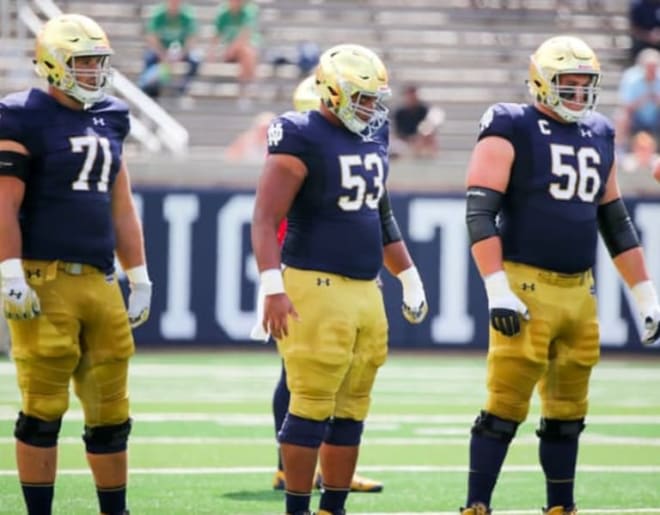 Notre Dame Fighting Irish football offensive linemen Alex Bars (71), Sam Mustipher (53) and Quenton Nelson (56)