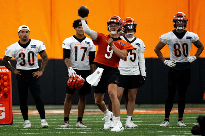 Cincinnati Bengals quarterback Joe Burrow (9) throws a pass at Bengals spring practice at the IEL Indoor Facility in Cincinnati on Wednesday, June 12, 2024.