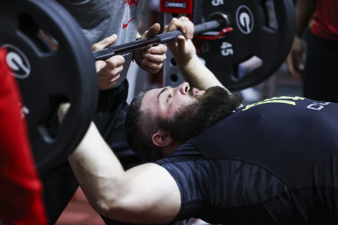 Ben Cleveland did 30 reps on the bench press Wednesday.