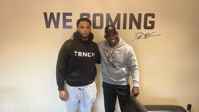 DE Deeve Harris and head coach Deion Sanders on his visit to Boulder.