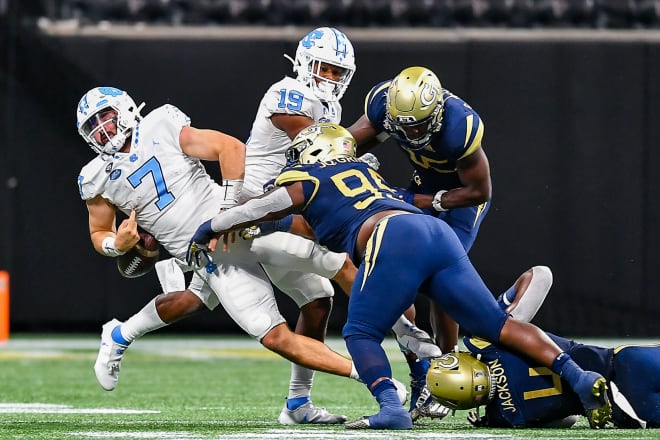 UNC coach Mack Brown has seen this picture too often in 2021, as the Tar Heels have allowed 21 sacks.