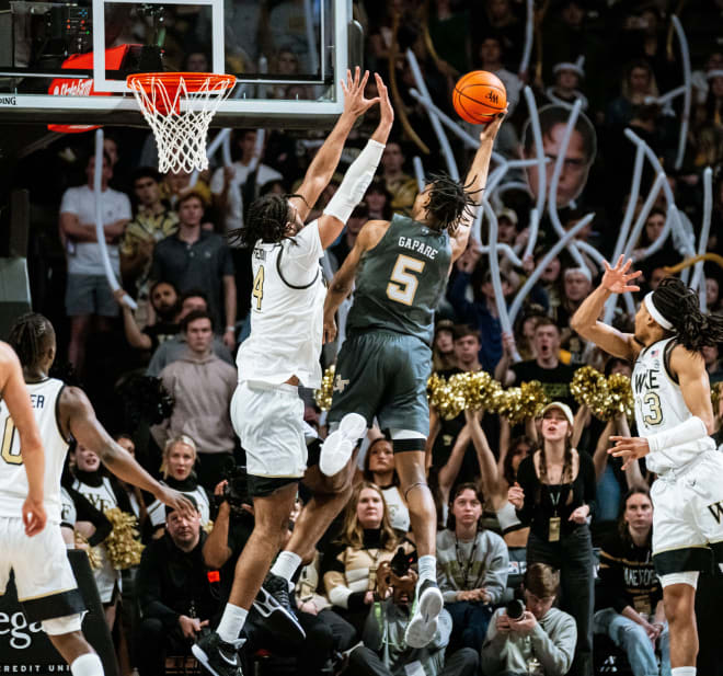 Gapare tries a hook shot during the Jackets road win at Wake Forest