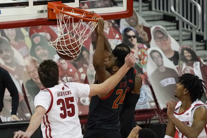 Maryland forward Donta Scott scores two of the Terps' 38 points in the paint in their 70-64 win in Madison on December 28, 2020.