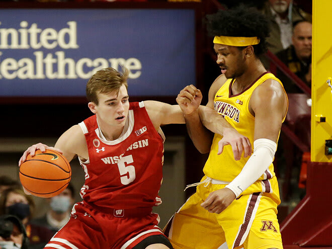 Wisconsin forward Tyler Wahl (5) finished with 12 points and 10 rebounds, including five offensive rebounds, in Wisconsin's win at Minnesota.