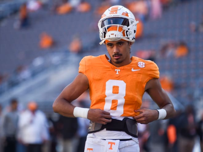 Tennessee quarterback Nico Iamaleava (8) during warms up before the start of the NCAA college football game between Tennessee and Georgia on Saturday, November 18, 2023 in Knoxville, Tenn.