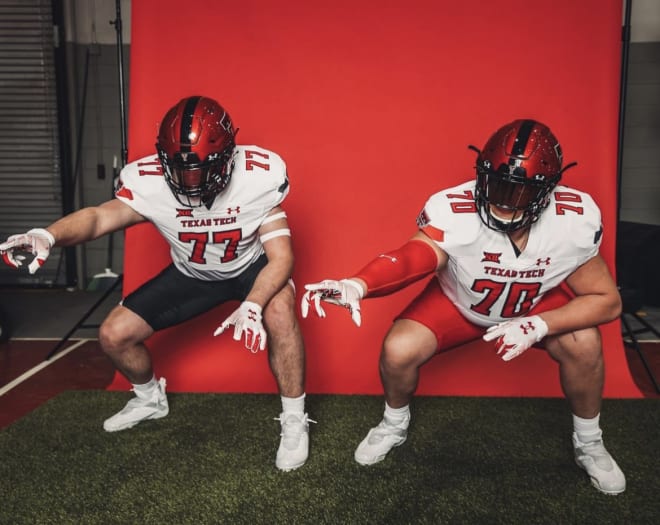 Prosper offensive line teammates Ellis Davis (#77) and Connor Carty (#70) on their visit to Lubbock earlier this spring