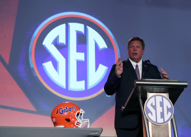 Florida head coach Jim McElwain speaks to the media at SEC media days Tuesday