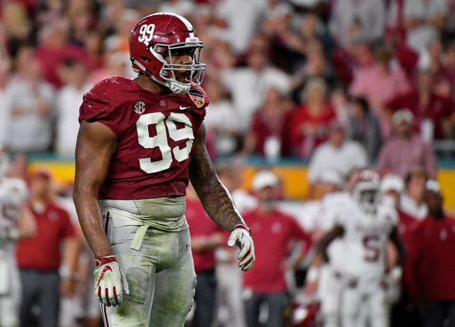 Alabama Crimson Tide defensive lineman Raekwon Davis (99) looks on in the 2018 Orange Bowl college football playoff semifinal game against the Oklahoma Sooners at Hard Rock Stadium. Photo | USA Today