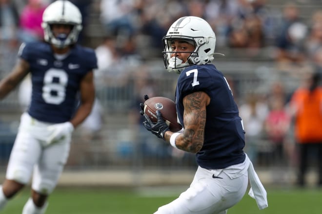 Apr 15, 2023; University Park, PA, USA; Penn State Nittany Lions wide receiver Kaden Saunders (7) makes a catch during the fourth quarter of the Blue White spring game at Beaver Stadium. The Blue team defeated the White team 10-0. Mandatory Credit: Matthew OHaren-USA TODAY Sports