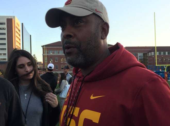 USC running backs coach Mike Jinks met with reporters Thursday for the first time since his hiring.