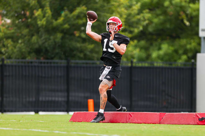 Georgia quarterback Carson Beck (15) during Georgia’s practice session in Athens, Ga., on Thursday, Aug. 3, 2023. (Tony Walsh/UGAAA)