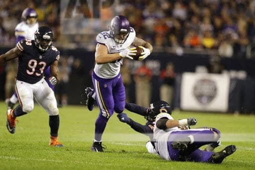 Former Irish tight end Kyle Rudolph six passes for 45 yards and a touchdown in a 20-17 win over the Chicago Bears on Monday Night Football.