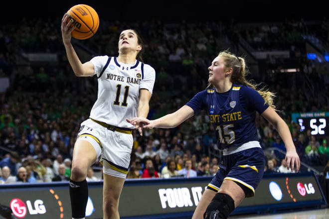 Notre Dame guard Sonia Citron (11) drive past Bridget Dunn of Kent State during ND's 81-67 NCAA Tourney win on Saturday at Purcell Pavilion.