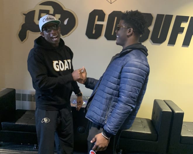 Daniel Okoye meets with Colorado head coach Deion Sanders during his recent visit to Boulder.