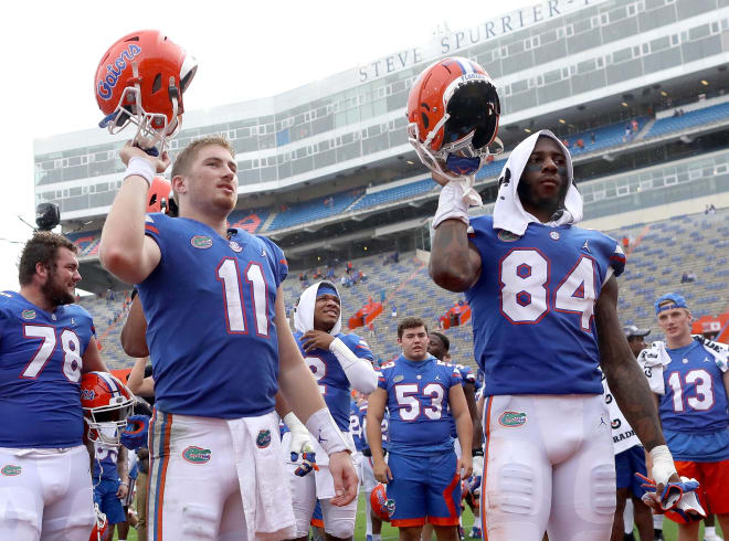 Florida quarterback Kyle Trask (left) with tight end Kyle Pitts (right). 